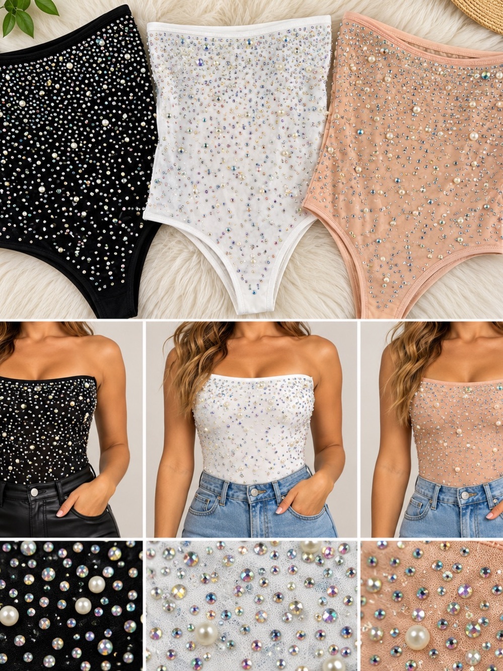 KIKIRIKI Rhinestone Pearl Sheer Mesh Bodysuit 3 Piece Lot Black White Nude L
